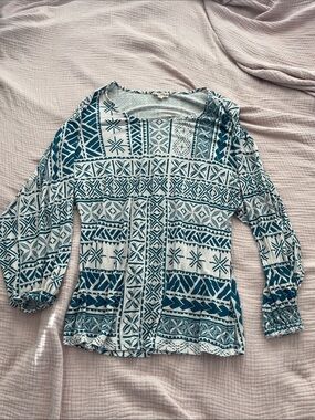 Tanoa Teal and White Printed Peasant Blouse